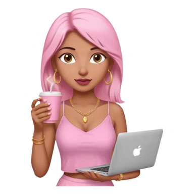 a pretty fair indian bratz girl with a pink cami top, drinking takeaway brown coffee, golden dainty necklace and carrying a white macbook sticker