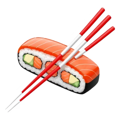 Japanese cuisine humanless avatar in minimalist emoji-style illustration. Sushi, roll and 2 chopsticks, clean lines, red white colors, flat design, calm and modern. sticker