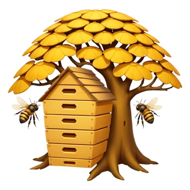 A small hive nestled between tree branches with worker bees. sticker