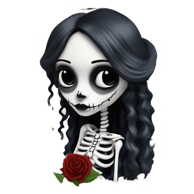 full height skeleton, tim burton "corpse bride", thin porcelain doll with a cracked face, goth makeup watery eyes, long hair, lace and ruffles, lolita style, inked, black and white, red roses, gothic castle with roses sticker