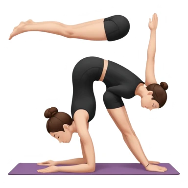 Minimalist flat vector illustration of a woman doing yoga in forward fold pose (Uttanasana), wearing sportswear (black top and black shorts), brown hair in a bun, clean white background, no face details, elegant style sticker
