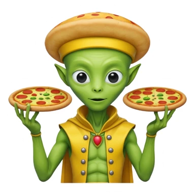 alien, wearing yellow ancient custome, with pizza sticker