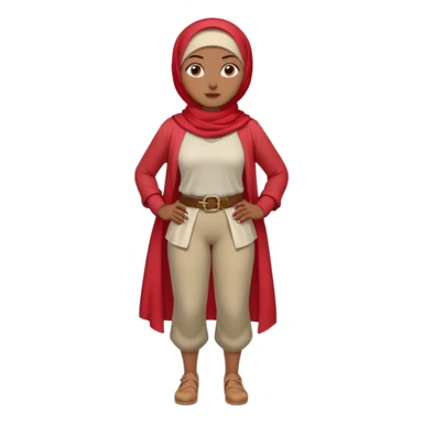 Heavy-set woman with medium-brown skin wearing a light red hijab, cream top, light red pants, tan shoes, and a visible gray pirate peg leg. Standing confidently with one hand on her hip sticker