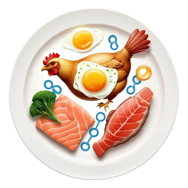 Floating plate with protein foods: large golden chicken breast in the center, smaller salmon fillet, red meat steak, and an egg, all orbiting a DNA double helix, with energy rays connecting to a muscular figure silhouette sticker