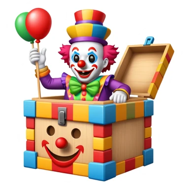 A "jack-in-the-box" is a children's toy consisting of a colorful box from which a figure, often a clown or jester, springs up out of the box when the lid is raised or the crank is turned.  sticker