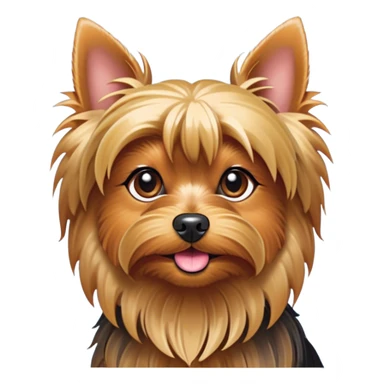 Cinematic Cute Yorkshire Terrier Portrait Emoji, Head perked with bright, twinkling eyes and a perky expression, showcasing a soft, silky fur in rich hues, simplified yet adorably detailed, glowing with a cheerful, inviting glow, high shine, exuding playful intelligence and spunky charm, styled with a gentle, whimsical outline, capturing the essence of a cute Yorkshire Terrier that appears ready to frolic off the screen with irresistible energy! sticker