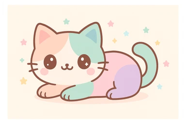 Create a cute pastel cat with big eyes, lying down pose, in kawaii style, suitable for Redbubble products. sticker
