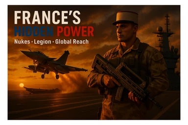 Reformat the image for a YouTube video thumbnail with a 16:9 aspect ratio. Include a bold and readable tricolor headline 'FRANCE’S HIDDEN POWER' and clear subtext 'Nukes • Legion • Global Reach'. Ensure a dramatic dusk scene featuring a Rafale jet launching from the Charles de Gaulle carrier, with a Foreign Legionnaire in desert camo holding a futuristic rifle in the foreground. The style should be epic cinematic, high contrast, vibrant colors, optimized for YouTube thumbnail visibility. sticker