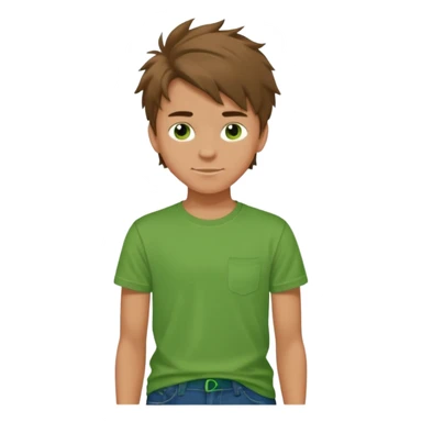 A 14 yerar old teenage boy, slightly tanned, wearing a green tshirt (no pocket), blue jeans and green sneakers with brown tousled hair, smirking sticker