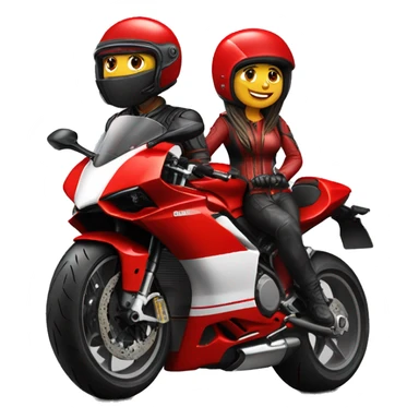 Biker couple wearing helmet in a red ducati 1098 motorcycle  sticker