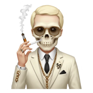 cinematic realistic - Megadeth icon - a gentleman in an ivory ethereal suit that smokes, has a skull instead of a head, wears rusty metal glasses with chains sticker