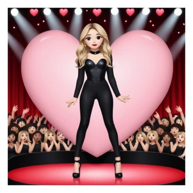 Sabrina carpenter singing at concert wearing a black sparkle jumpsuit and black hyper sparkle heels. There is a huge crowd and light pink stage setting. She is standing in the center stage part that is in the shape of a red heart and it extends from the main stage  sticker