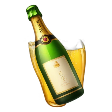 champagne bottle with popping cork popping and dripping wine and foam sticker