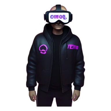 Vladimir Putin wearing a black hoodie with "OMG" letters on it and VR headset oculus quest 2 in a cyberpunk VR environment with violet neon lighting. sticker