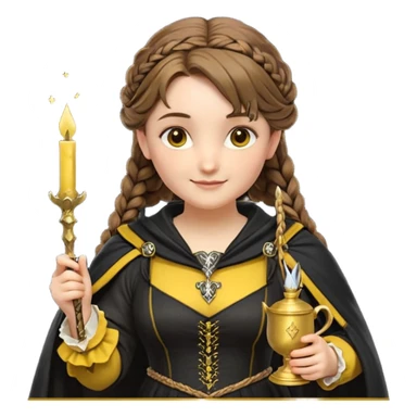 Helga Hufflepuff,the Hogwarts founder of Hufflepuff,brown-haired,2braids,yellow-black medieval dress with black cloak decorated with gold braiding,flickering magic wand and tiny two-handled shiny gold cup engraved with the badger silhouette,very kind smile,curvy busty sweet sticker