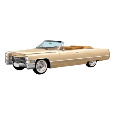 Extremely minimalist beige 1966 Cadillac DeVille, bare essential details, simple geometric shapes, 30-degree angle, Once Upon a Hollywood inspired, iOS emoji style sticker