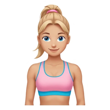 Fit wellness girl – sun-kissed skin, high ponytail, bright blueish eyes, baby pink sports-bra, calm confident smile sticker