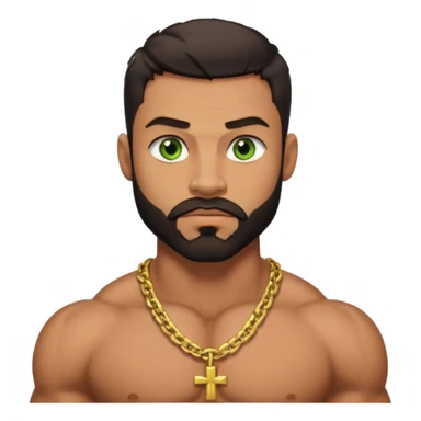 green eyes, dark short hair, muscular shoulders, wide cross, gold chain, big lips big nose big eyes, masculine good looking, dark beard, muscular strong looking sticker