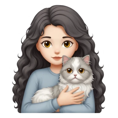 a girl with long dark wavy hair hug a fluffy persian cat with dominant white body and gray on its forehead  sticker