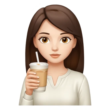 white brunette with brown eyes and a white outfit, drinking a caramel machiatto sticker