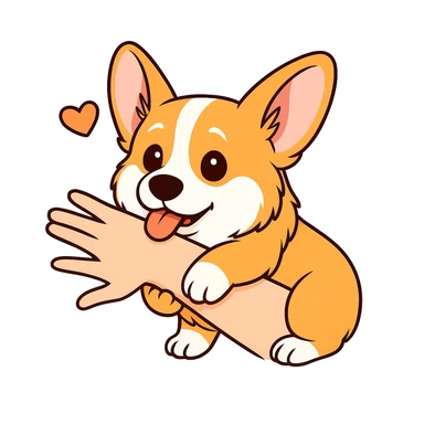 изобразить моего корги, сохранив внешность и телосложение в позе и эмоции как на первом референсе
обхватывает передними лапками человеческую руку и мило прикусывает sticker