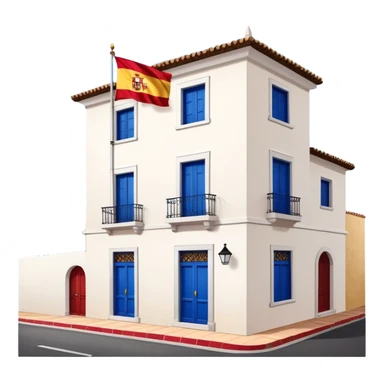 Andalusian-style Spanish house with white walls, blue windows, Spanish flag (red-yellow-red horizontal stripes) hanging from a small flag pole on the facade sticker