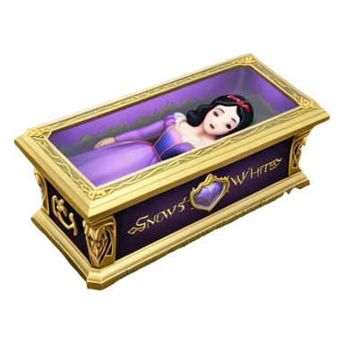 Snow White's coffin in the image is a highly symbolic piece, embodying both solemnity and fairytale charm. It is designed with a transparent glass lid, allowing a clear view of Snow White lying inside in her pure and untouched beauty. The frame around the lid and the base of the coffin is made of gold-colored metal, intricately carved in a Gothic style. Along the side of the coffin, the name “SNOW WHITE” is prominently displayed in ornate, medieval-style lettering, serving as an eternal tribute to the legendary character. The coffin is placed in a quiet forest clearing, resting on a bed of green grass and surrounded by clusters of colorful flowers—purple, pink, and white—which add a sacred and emotional atmosphere. The dwarfs stand nearby in silence, keeping watch and heightening the sense of reverence and sorrow. The entire design of the coffin harmoniously blends medieval artistry with mythical elements, honoring Snow White’s beauty while creating a legendary, fairytale-like setting. sticker