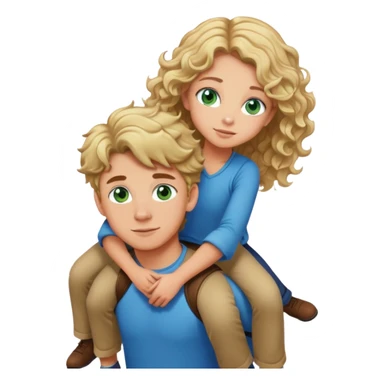 please make me an emoji of a short, tan, long curly brown hair girl with green eyes piggy back riding a her boyfriend who is tall, tan, boy with blonde hair, and blue eyes  sticker