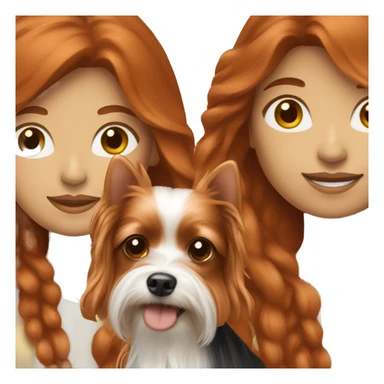 Redhead woman with long hair holding a Yorkie dog sticker