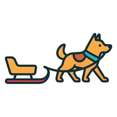 a sled connected to a dog by a rope, the dog is pulling, explanatory icon style sticker