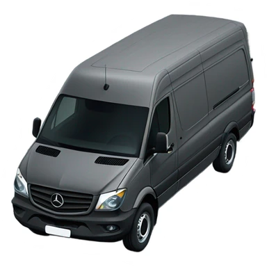 Diagonal view Dark grey Mercedes sprinter van with two round circle headlights that are yellow  sticker