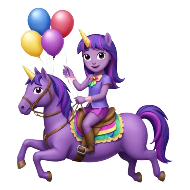 twillight sparkle mlp holding colorful balloons tied to its saddle, looking cheerful. sticker