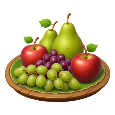 medieval fruit platter object icon, grapes apples pears, rustic plate, small honey drizzle, cozy medieval vibe, 3D cartoon, mobile game icon style, clean background, no text, no watermark
 sticker