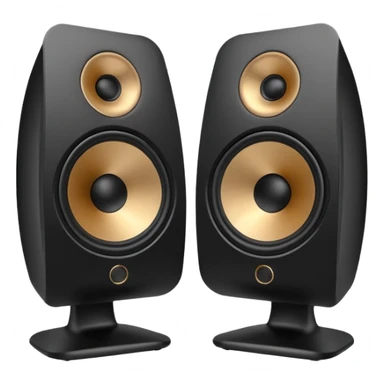 pair of big speakers emoji, deep matte black metal body, circular speaker cones with subtle depth, smooth rounded edges, minimalistic futuristic 3D style, luxury aesthetic sticker