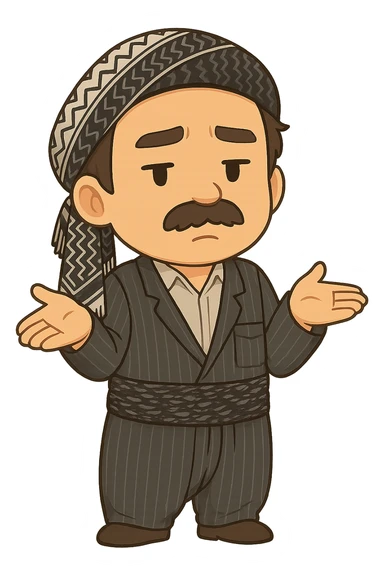 Create a colorful and cheerful cartoon sticker of a Kurdish man wearing the exact same clothes and scarf as the reference image, with no changes to the outfit or scarf. The face should have an indifferent or 'I don't know' expression. Both hands are open and shoulders are exaggeratedly raised. The image should have no shadows or color halos around it, no text, and a completely transparent background. Suitable for WhatsApp and Instagram. sticker