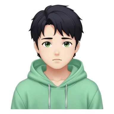 Gorgeous pastel green sweater black hair anime style shojo guy with blushing face and, hoodie, aesthetic, young adult, trending style, outside, vedal987 sticker