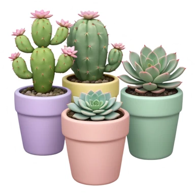 A pastel pink ceramic pot with a sedum succulent, a pastel green ceramic pot with a graptopetalum succulent, a pastel yellow ceramic pot with an echeveria succulent, and a pastel purple ceramic pot with a flowering cactus. All are cylindrical and placed separately on the floor. sticker