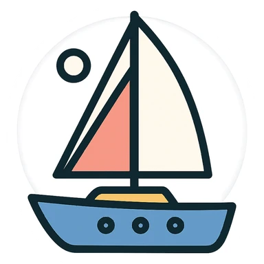 minimalist geometric sailboat illustration, classic sailing vessel with main sail and jib sail, soft colors white coral pink blue tones, blue hull with small circular portholes, circular pale lavender or light blue background, small white sun or moon in upper left, clean modern style, simple shapes, muted color palette, friendly and approachable, suitable for icon or logo sticker