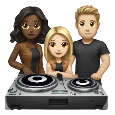 3 people: a white girl with dark hair, a brown girl, and a white guy behind DJ turntables together sticker