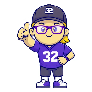 Man with black and white cap, purple sports jersey with number 32, clear glasses, disheveled light blond mullet hairstyle, thumbs up gesture, relaxed expression sticker