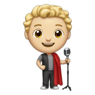 white light skin man person standing in a theater with red curtains standing on elevated stage holding a microphone smiling with light hair sticker