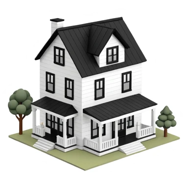 modern farmhouse dollhouse, white with black trim and wooden accents, 3d isometric  sticker