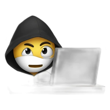White Developers  with a black hood behind his computer and focus on his code  sticker