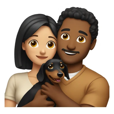 A man with black hair and a blonde woman are hugging, and in their hands they have a brown dachshund sticker