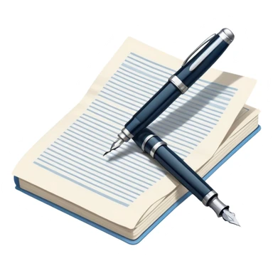 Create an emoji representing journalism and publicistic writing. The design should feature an open newspaper or a stack of articles with visible text columns, symbolizing opinion pieces and analysis. A classic fountain pen or ballpoint pen should be placed near the papers, indicating the act of writing. Optionally, include a small microphone or a press badge to emphasize investigative and journalistic aspects. Use neutral and professional colors like black, white, and muted blue or red. Do not include any emojis or smiley faces. Make the background transparent. sticker