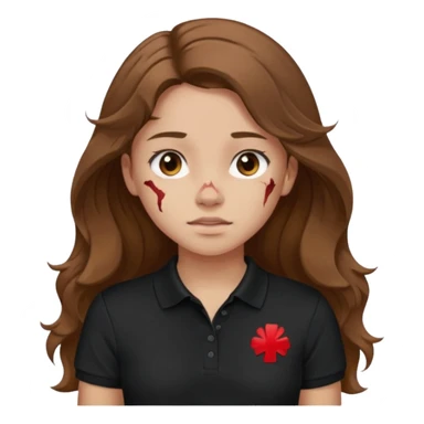 crie uma garota com ferimentos cabelo ondulado 2c longo castanho e blusa polo básica preta sticker