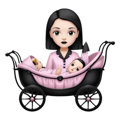 Full model stunning Wednesday Addams dark smoky eyeshadow in a unbuttoned Light pink silk pyjamas set touching gothic antique baby carriage  sticker
