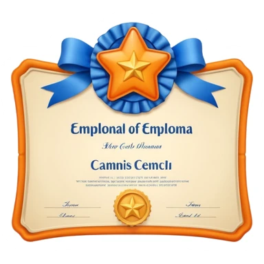 Create a glossy 3D certificate emoji with a cream diploma, rounded corners, a blue ribbon seal, orange tails, and an embossed star. sticker
