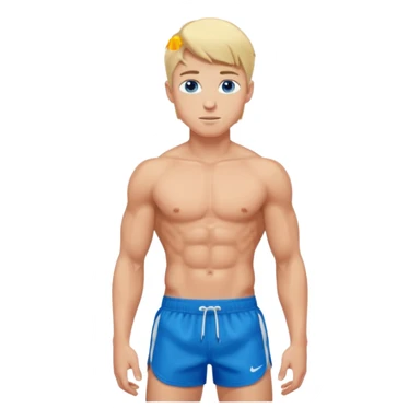 a 20 year old blond man with blue eyes, very muscular with abs, shirtless with sports shorts sticker