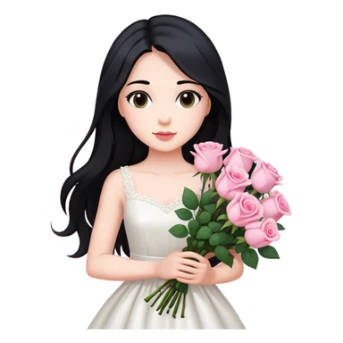 A beautiful girl with long black hair and a white dress is holding a bouquet of pink roses sticker